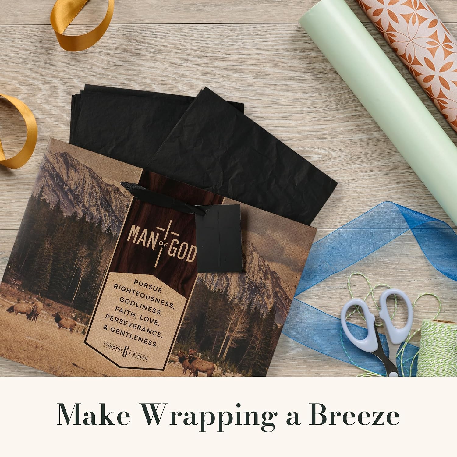 Christian Art Gifts Large Landscape Inspirational Scripture Gift Bag, Tag & Wrapping Tissue Paper Set for Men: Man of God Encouraging Bible Verse, Satin Handles, Brown
