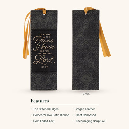Christian Art Gifts Premium Vegan Leather Inspirational Scripture Bookmark for Men & Women: Know The Plans Encouraging Bible Verse, Charcoal & Black