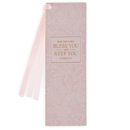 Christian Art Gifts Premium Vegan Leather Inspirational Scripture Bookmark for Women: Bless You & Keep You Encouraging Bible Verse, Pink Floral