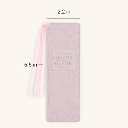 Christian Art Gifts Premium Vegan Leather Inspirational Scripture Bookmark for Women: Bless You & Keep You Encouraging Bible Verse, Pink Floral