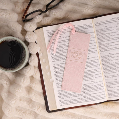 Christian Art Gifts Premium Vegan Leather Inspirational Scripture Bookmark for Women: Bless You & Keep You Encouraging Bible Verse, Pink Floral