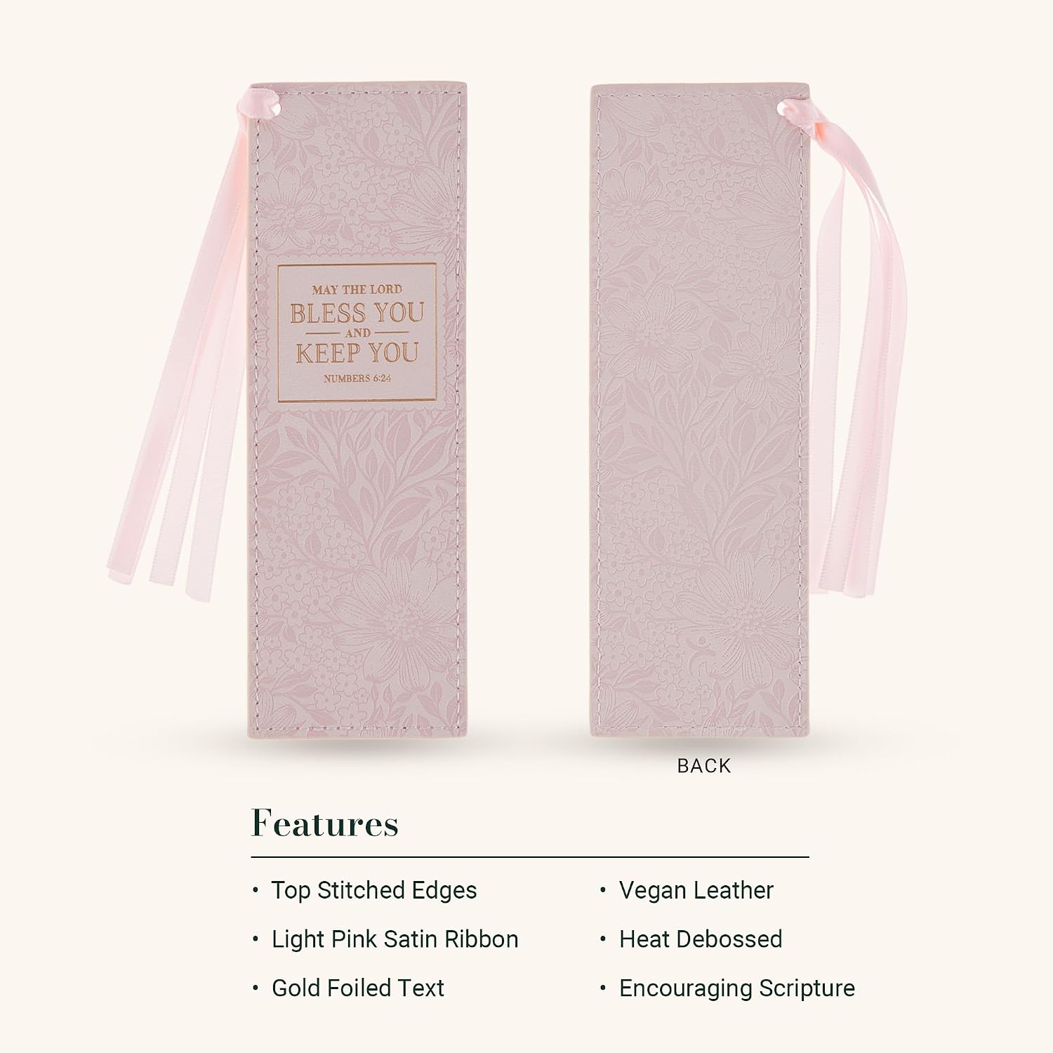 Christian Art Gifts Premium Vegan Leather Inspirational Scripture Bookmark for Women: Bless You & Keep You Encouraging Bible Verse, Pink Floral
