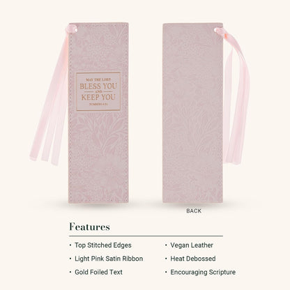 Christian Art Gifts Premium Vegan Leather Inspirational Scripture Bookmark for Women: Bless You & Keep You Encouraging Bible Verse, Pink Floral