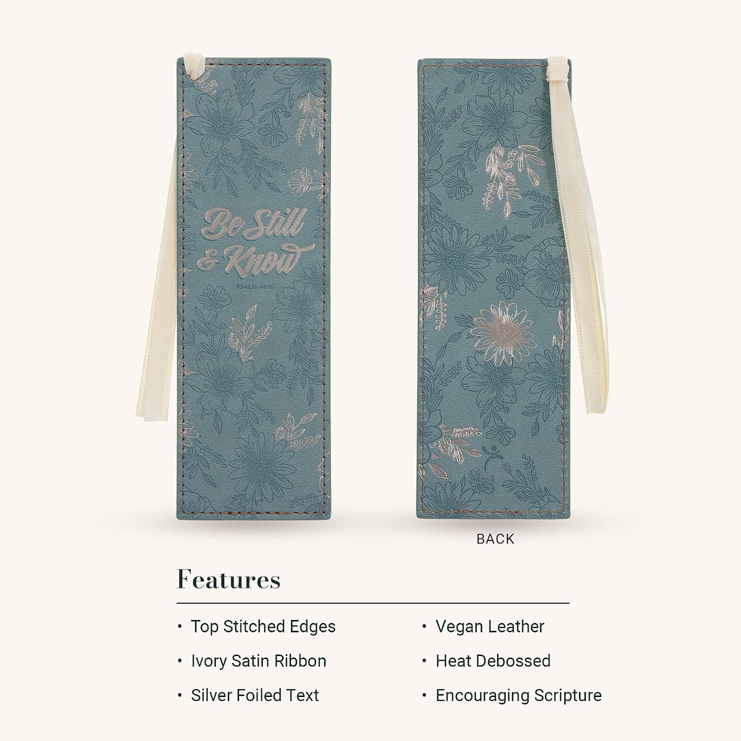 Christian Art Gifts Premium Vegan Leather Inspirational Scripture Bookmark for Women: Be Still & Know Encouraging Bible Verse, Teal Floral