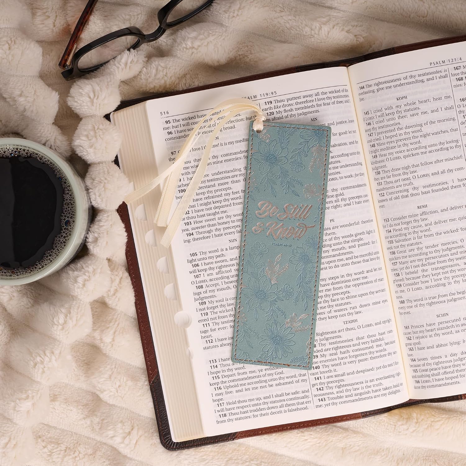 Christian Art Gifts Premium Vegan Leather Inspirational Scripture Bookmark for Women: Be Still & Know Encouraging Bible Verse, Teal Floral