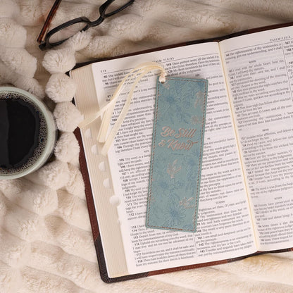 Christian Art Gifts Premium Vegan Leather Inspirational Scripture Bookmark for Women: Be Still & Know Encouraging Bible Verse, Teal Floral