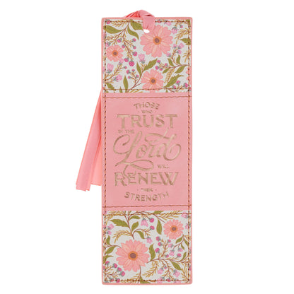 Christian Art Gifts Premium Vegan Leather Inspirational Scripture Bookmark for Women: Trust in The Lord Encouraging Bible Verse, Coral Floral