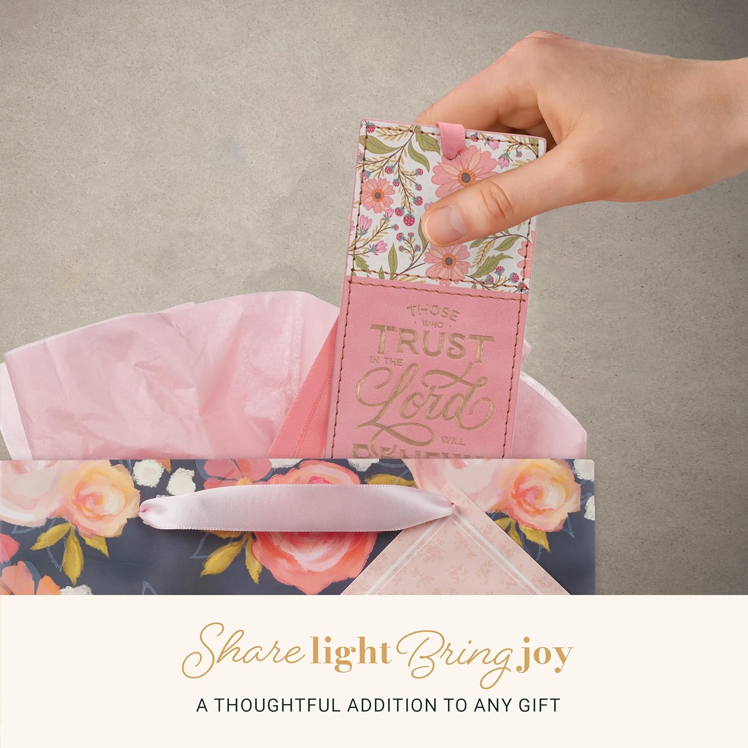 Christian Art Gifts Premium Vegan Leather Inspirational Scripture Bookmark for Women: Trust in The Lord Encouraging Bible Verse, Coral Floral