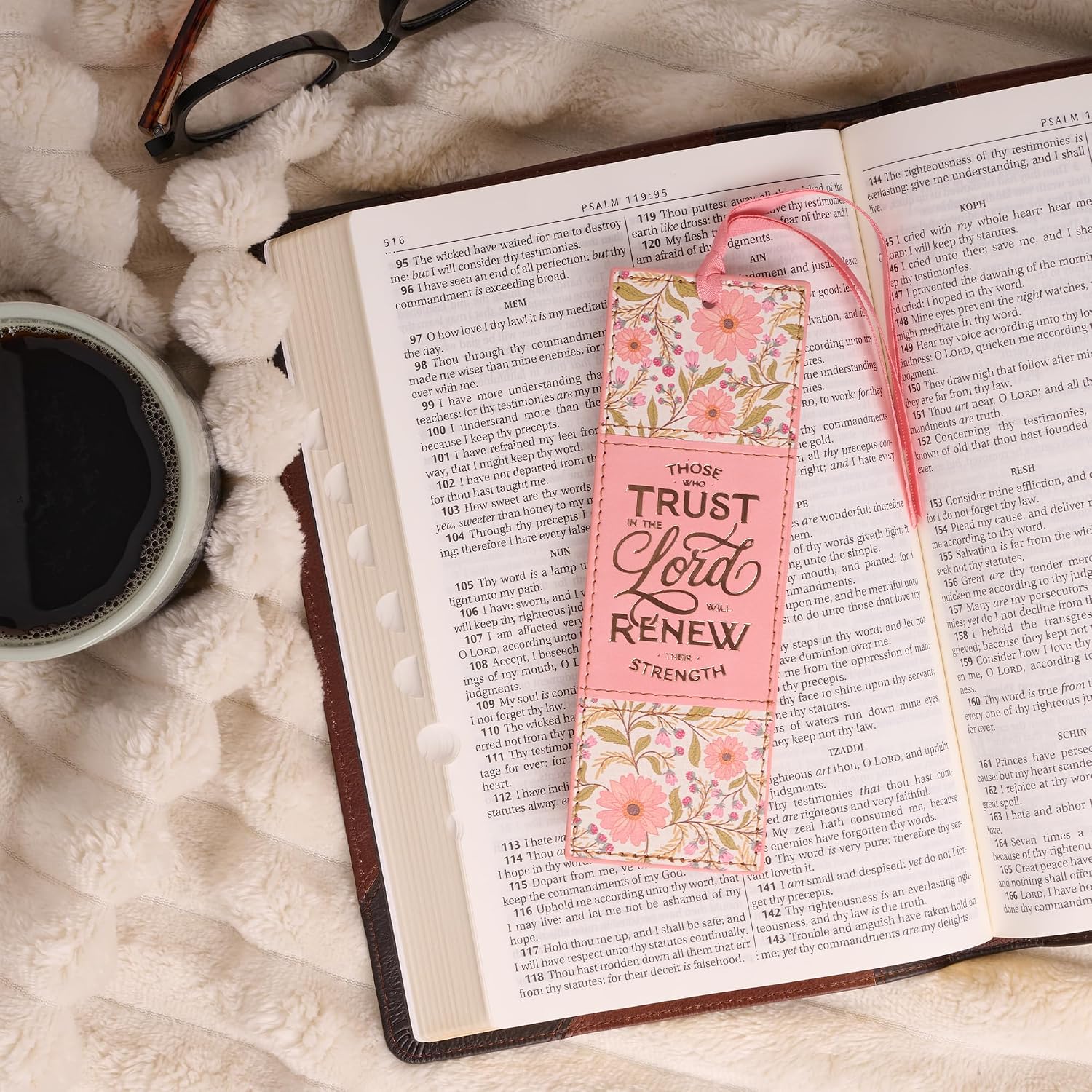 Christian Art Gifts Premium Vegan Leather Inspirational Scripture Bookmark for Women: Trust in The Lord Encouraging Bible Verse, Coral Floral