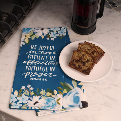 Christian Art Gifts Decorative Inspirational Scripture Tea Towel for Women: Be Joyful Encouraging Bible Verse, Home & Kitchen, 100% Cotton, Blue Floral, 30" x 20"