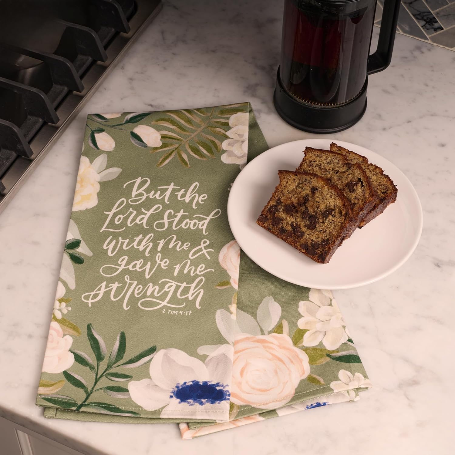Christian Art Gifts Decorative Inspirational Scripture Tea Towel for Women: Lord Stood with Me Encouraging Bible Verse, Home & Kitchen, 100% Cotton, Green Floral, 30" x 20"