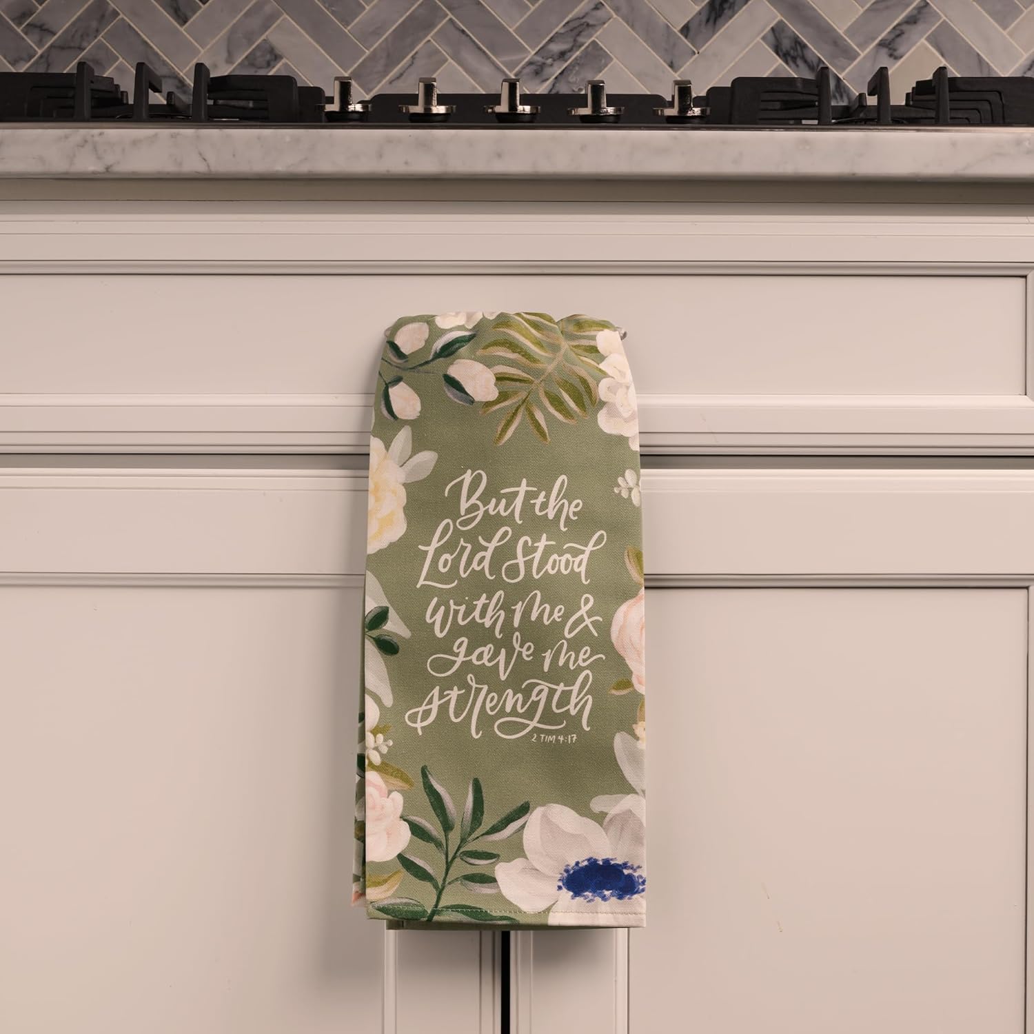 Christian Art Gifts Decorative Inspirational Scripture Tea Towel for Women: Lord Stood with Me Encouraging Bible Verse, Home & Kitchen, 100% Cotton, Green Floral, 30" x 20"