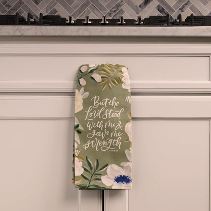 Christian Art Gifts Decorative Inspirational Scripture Tea Towel for Women: Lord Stood with Me Encouraging Bible Verse, Home & Kitchen, 100% Cotton, Green Floral, 30" x 20"