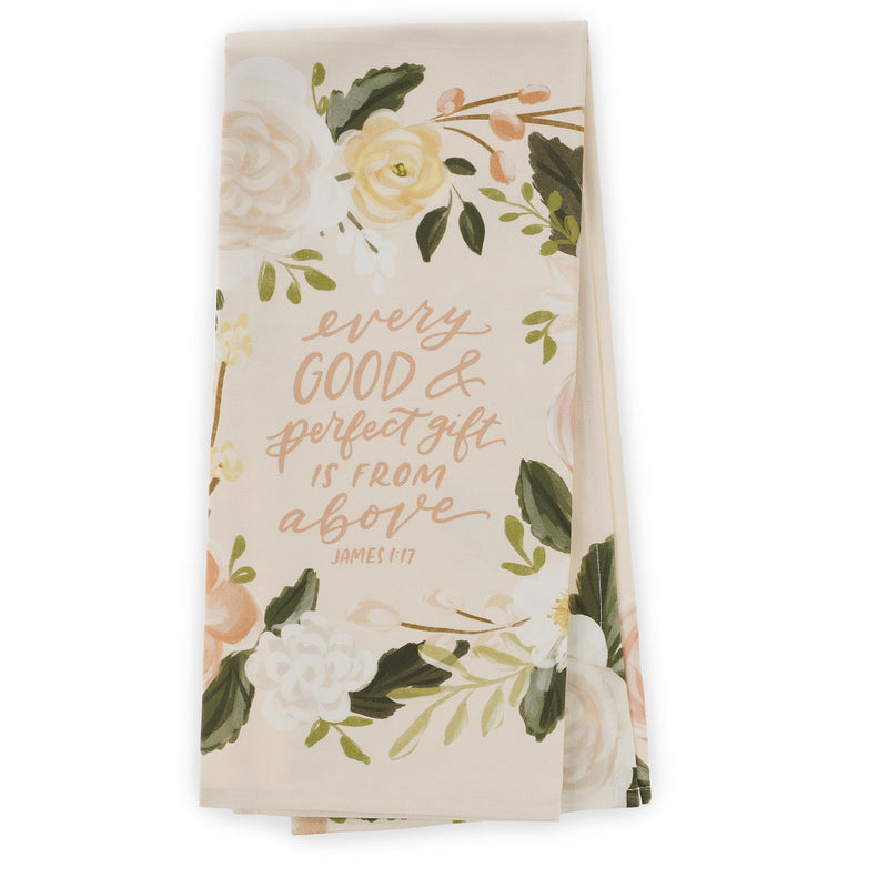 Christian Art Gifts Decorative Inspirational Scripture Tea Towel for Women: Every Good Gift Encouraging Bible Verse, Home & Kitchen, 100% Cotton, Creamy Beige Floral, 30" x 20"