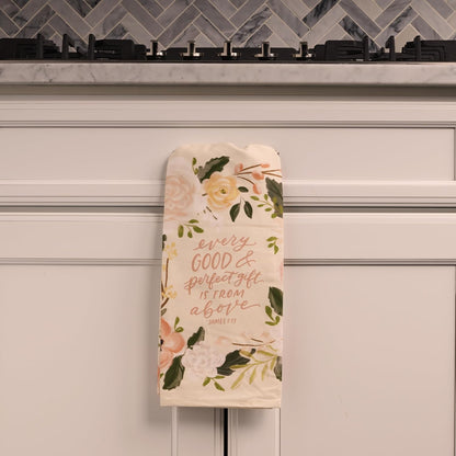 Christian Art Gifts Decorative Inspirational Scripture Tea Towel for Women: Every Good Gift Encouraging Bible Verse, Home & Kitchen, 100% Cotton, Creamy Beige Floral, 30" x 20"