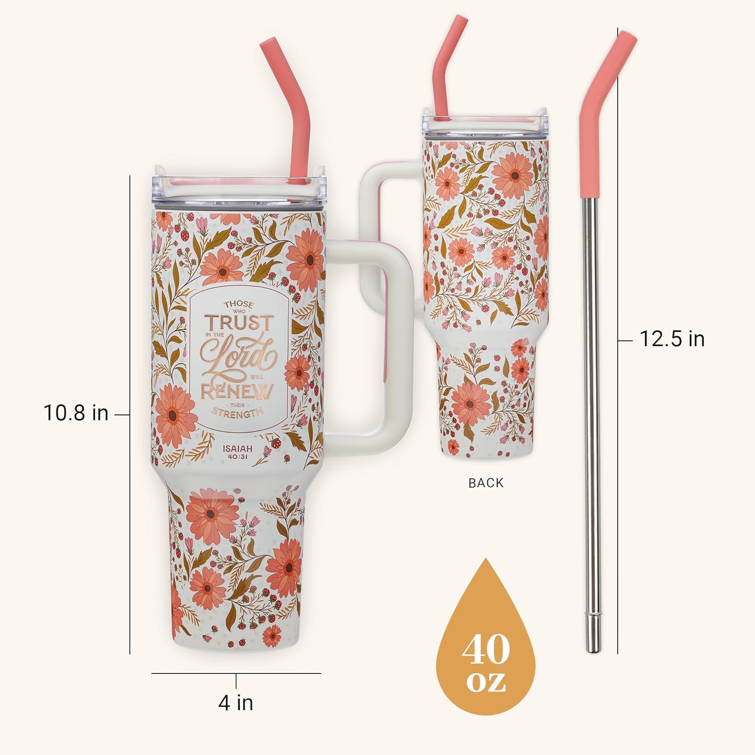 Christian Art Gifts Large Stainless Steel Insulated Travel Mug Tumbler for Women: Trust in the Lord Inspirational Scripture, Sturdy Handle, Reusable Straw, Flip Lid, White & Pink Floral, 18 oz.