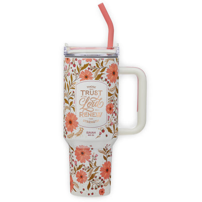 Christian Art Gifts Large Stainless Steel Insulated Travel Mug Tumbler for Women: Trust in the Lord Inspirational Scripture, Sturdy Handle, Reusable Straw, Flip Lid, White & Pink Floral, 18 oz.