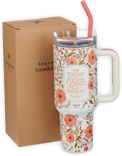 Christian Art Gifts Large Stainless Steel Insulated Travel Mug Tumbler for Women: Trust in the Lord Inspirational Scripture, Sturdy Handle, Reusable Straw, Flip Lid, White & Pink Floral, 18 oz.