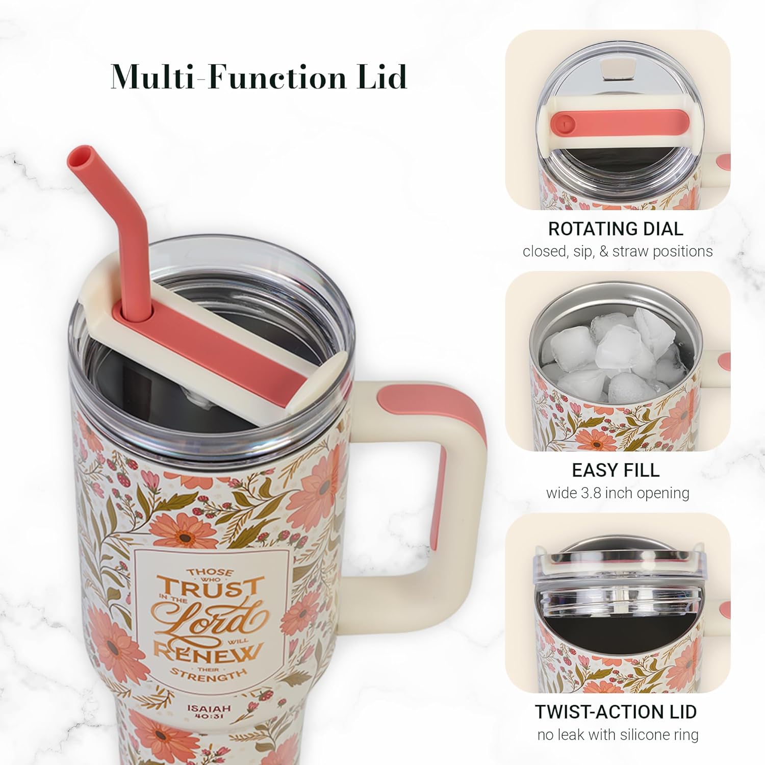 Christian Art Gifts Large Stainless Steel Insulated Travel Mug Tumbler for Women: Trust in the Lord Inspirational Scripture, Sturdy Handle, Reusable Straw, Flip Lid, White & Pink Floral, 18 oz.