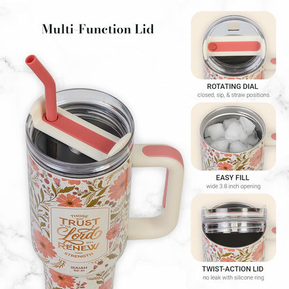 Christian Art Gifts Large Stainless Steel Insulated Travel Mug Tumbler for Women: Trust in the Lord Inspirational Scripture, Sturdy Handle, Reusable Straw, Flip Lid, White & Pink Floral, 18 oz.