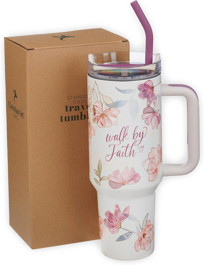 Christian Art Gifts Large Stainless Steel Insulated Travel Mug Tumbler for Women: Walk by Faith Inspirational Scripture, Sturdy Handle, Reusable Straw, Flip Lid, White & Purple Floral, 18 oz.