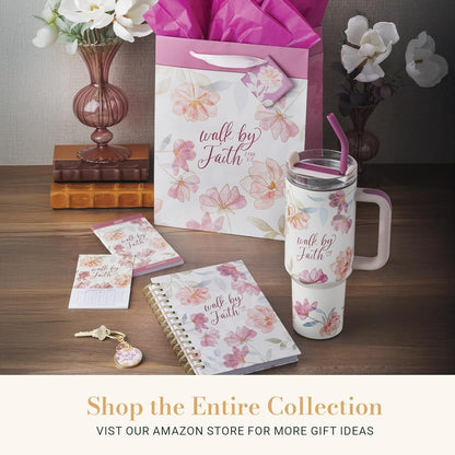 Christian Art Gifts Large Stainless Steel Insulated Travel Mug Tumbler for Women: Walk by Faith Inspirational Scripture, Sturdy Handle, Reusable Straw, Flip Lid, White & Purple Floral, 18 oz.