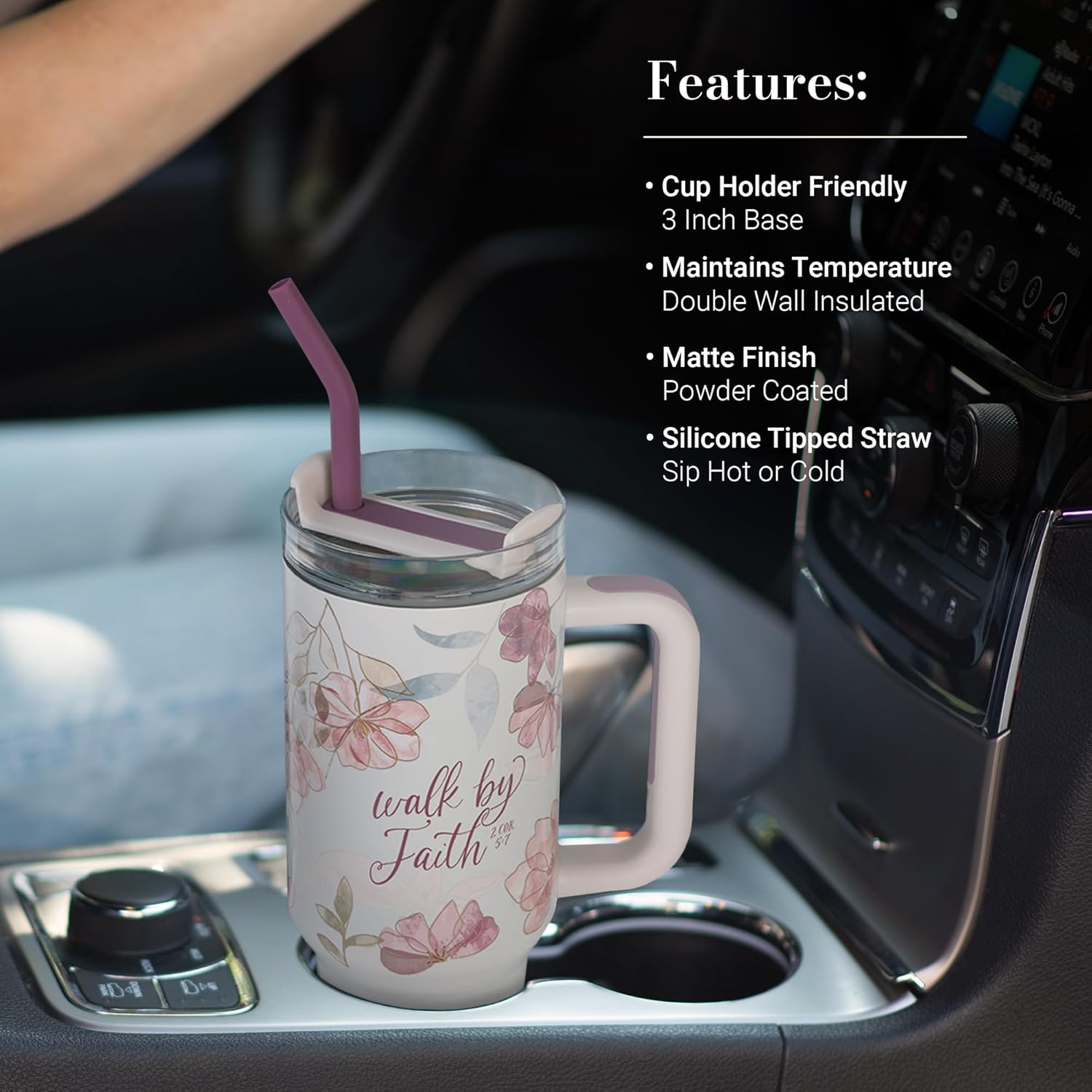Christian Art Gifts Large Stainless Steel Insulated Travel Mug Tumbler for Women: Walk by Faith Inspirational Scripture, Sturdy Handle, Reusable Straw, Flip Lid, White & Purple Floral, 18 oz.