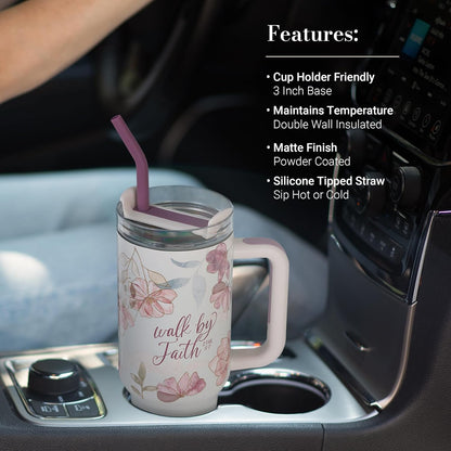 Christian Art Gifts Large Stainless Steel Insulated Travel Mug Tumbler for Women: Walk by Faith Inspirational Scripture, Sturdy Handle, Reusable Straw, Flip Lid, White & Purple Floral, 18 oz.