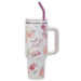 Christian Art Gifts Large Stainless Steel Insulated Travel Mug Tumbler for Women: Walk by Faith Inspirational Scripture, Sturdy Handle, Reusable Straw, Flip Lid, White & Purple Floral, 18 oz.