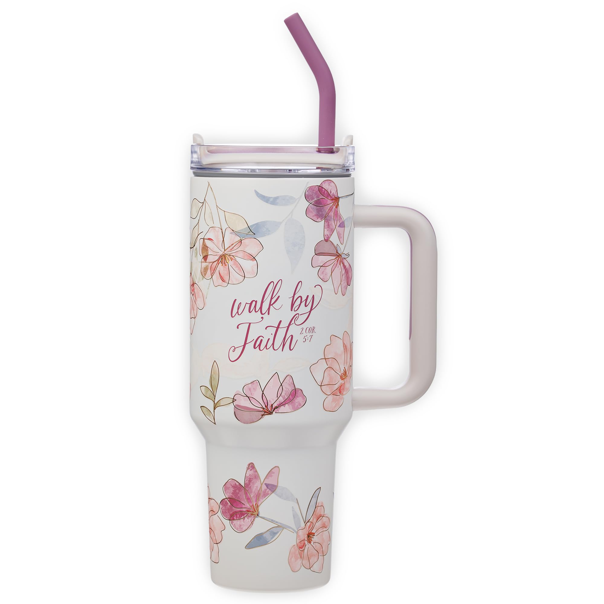 Christian Art Gifts Large Stainless Steel Insulated Travel Mug Tumbler for Women: Walk by Faith Inspirational Scripture, Sturdy Handle, Reusable Straw, Flip Lid, White & Purple Floral, 18 oz.