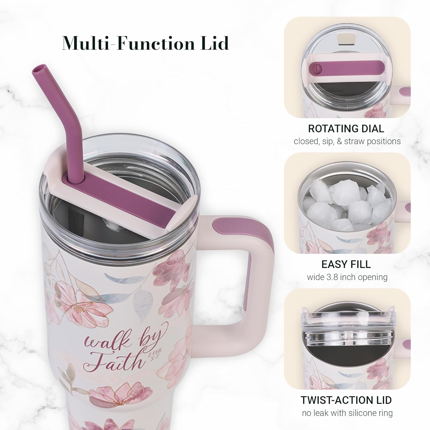 Christian Art Gifts Large Stainless Steel Insulated Travel Mug Tumbler for Women: Walk by Faith Inspirational Scripture, Sturdy Handle, Reusable Straw, Flip Lid, White & Purple Floral, 18 oz.