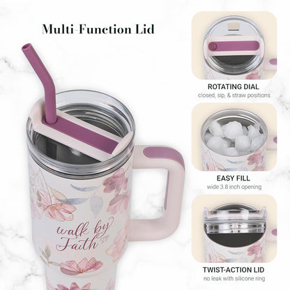Christian Art Gifts Large Stainless Steel Insulated Travel Mug Tumbler for Women: Walk by Faith Inspirational Scripture, Sturdy Handle, Reusable Straw, Flip Lid, White & Purple Floral, 18 oz.