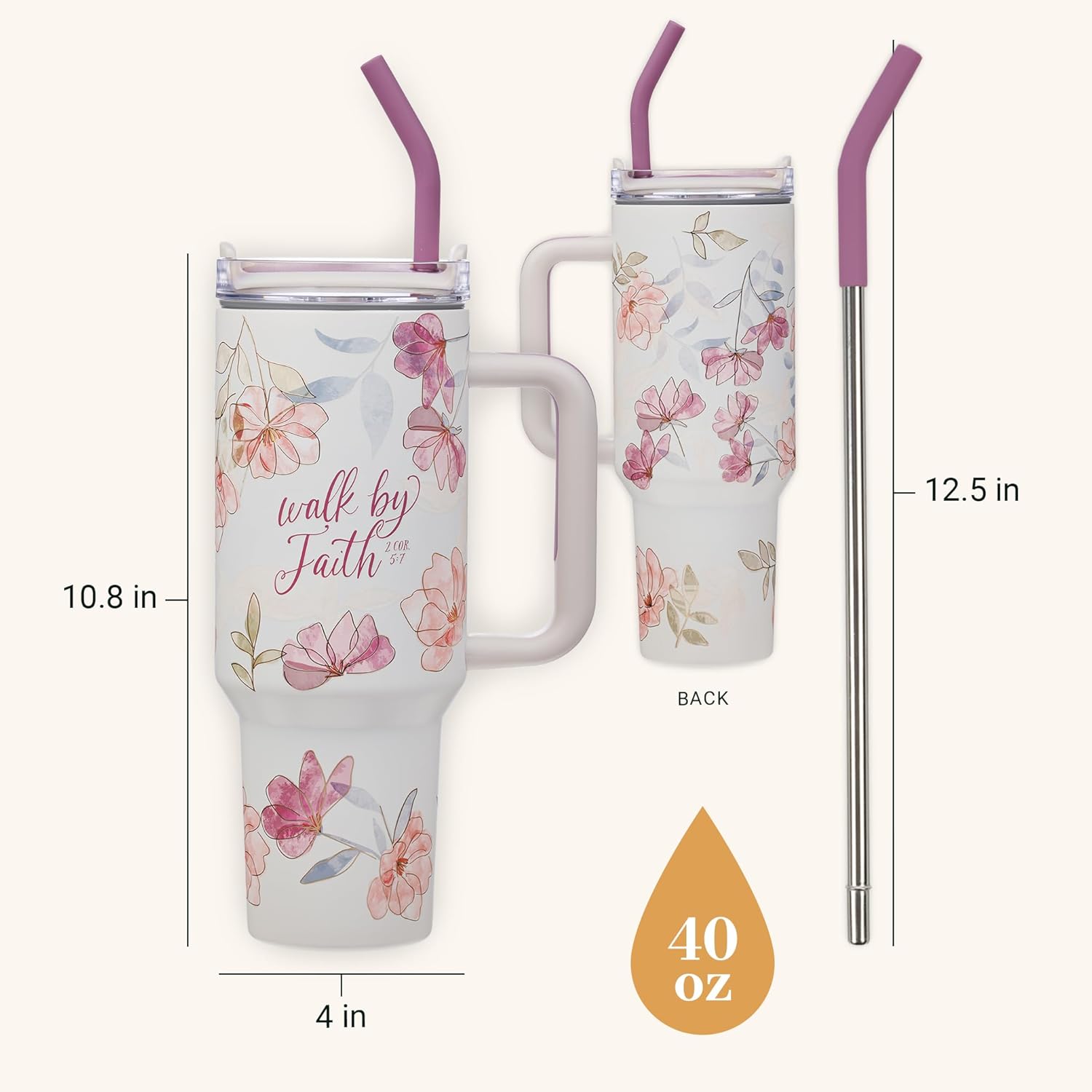 Christian Art Gifts Large Stainless Steel Insulated Travel Mug Tumbler for Women: Walk by Faith Inspirational Scripture, Sturdy Handle, Reusable Straw, Flip Lid, White & Purple Floral, 18 oz.