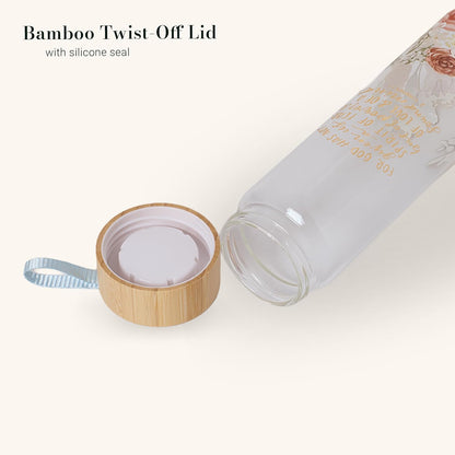 Christian Art Gifts Premium Decorative Inspirational Scripture Glass Water Bottle for Women: Power & Love Encouraging Bible Verse, Bamboo Lid, Carry Loop, White & Pink Multicolor Floral, 22 oz.