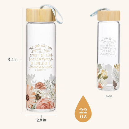 Christian Art Gifts Premium Decorative Inspirational Scripture Glass Water Bottle for Women: Power & Love Encouraging Bible Verse, Bamboo Lid, Carry Loop, White & Pink Multicolor Floral, 22 oz.