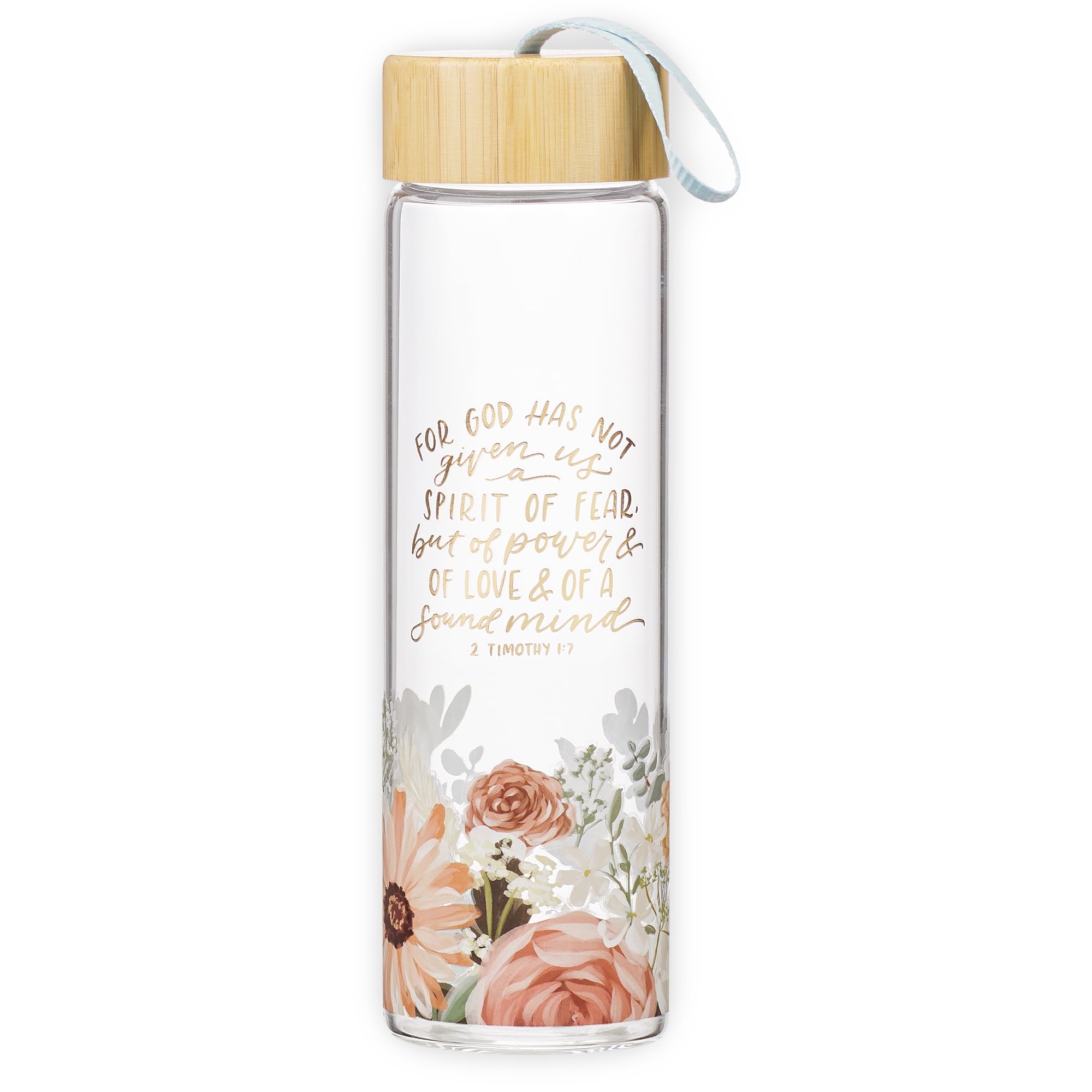 Christian Art Gifts Premium Decorative Inspirational Scripture Glass Water Bottle for Women: Power & Love Encouraging Bible Verse, Bamboo Lid, Carry Loop, White & Pink Multicolor Floral, 22 oz.