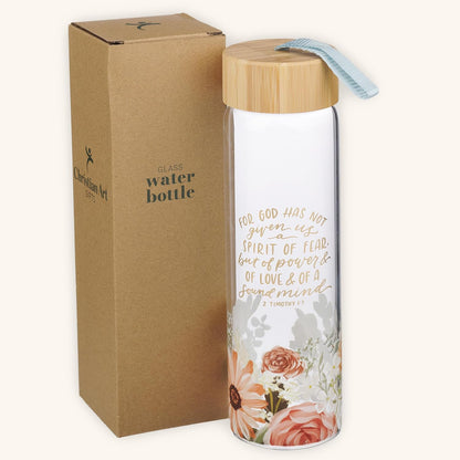 Christian Art Gifts Premium Decorative Inspirational Scripture Glass Water Bottle for Women: Power & Love Encouraging Bible Verse, Bamboo Lid, Carry Loop, White & Pink Multicolor Floral, 22 oz.