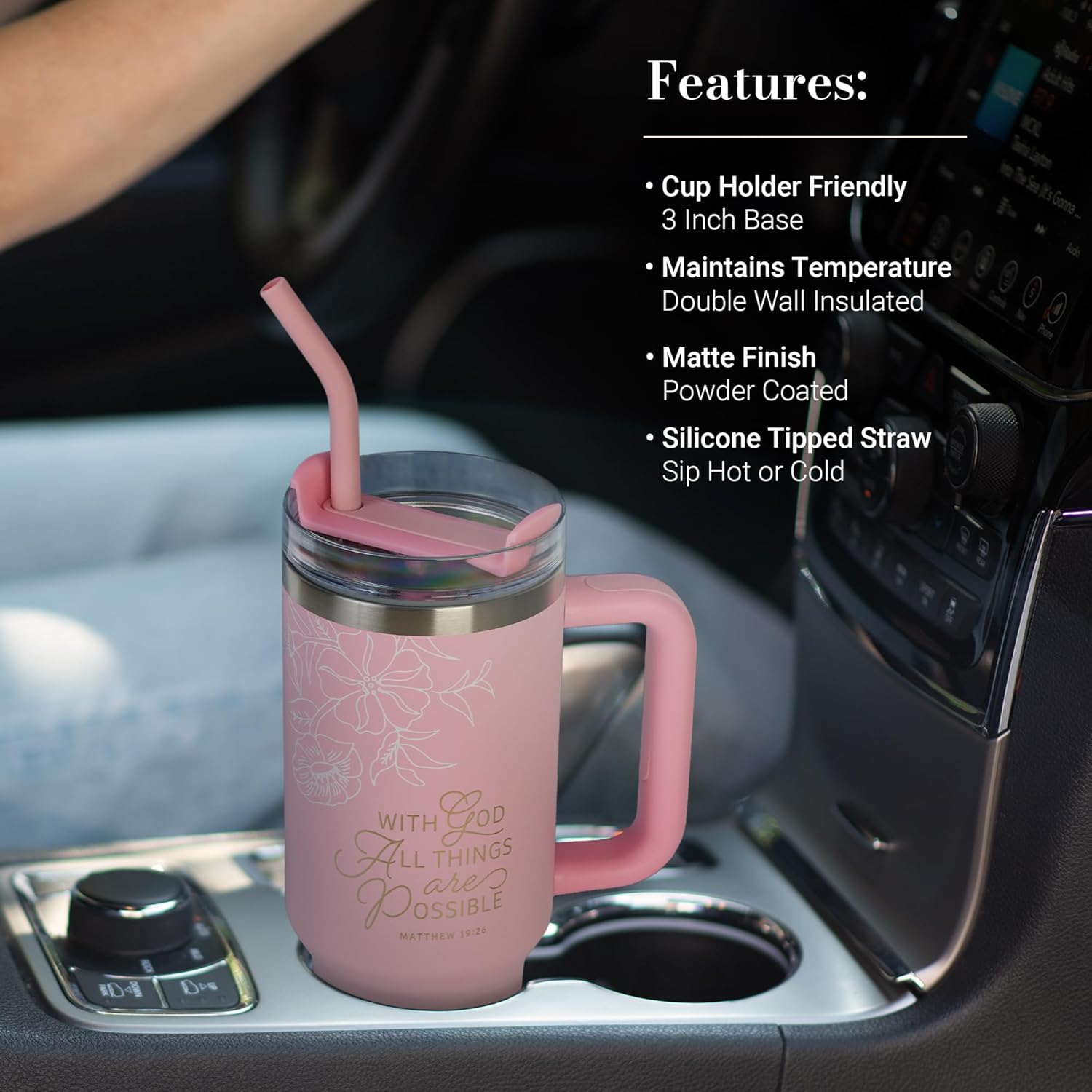 Christian Art Gifts Large Stainless Steel Insulated Travel Mug Tumbler for Women: All Things are Possible Inspirational Scripture, Sturdy Handle, Reusable Straw, Flip Lid, Pink & White Floral, 18 oz.