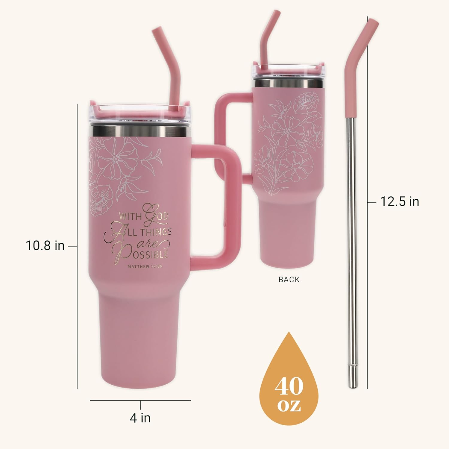 Christian Art Gifts Large Stainless Steel Insulated Travel Mug Tumbler for Women: All Things are Possible Inspirational Scripture, Sturdy Handle, Reusable Straw, Flip Lid, Pink & White Floral, 18 oz.
