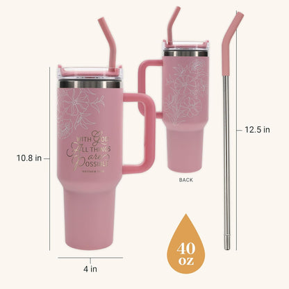 Christian Art Gifts Large Stainless Steel Insulated Travel Mug Tumbler for Women: All Things are Possible Inspirational Scripture, Sturdy Handle, Reusable Straw, Flip Lid, Pink & White Floral, 18 oz.