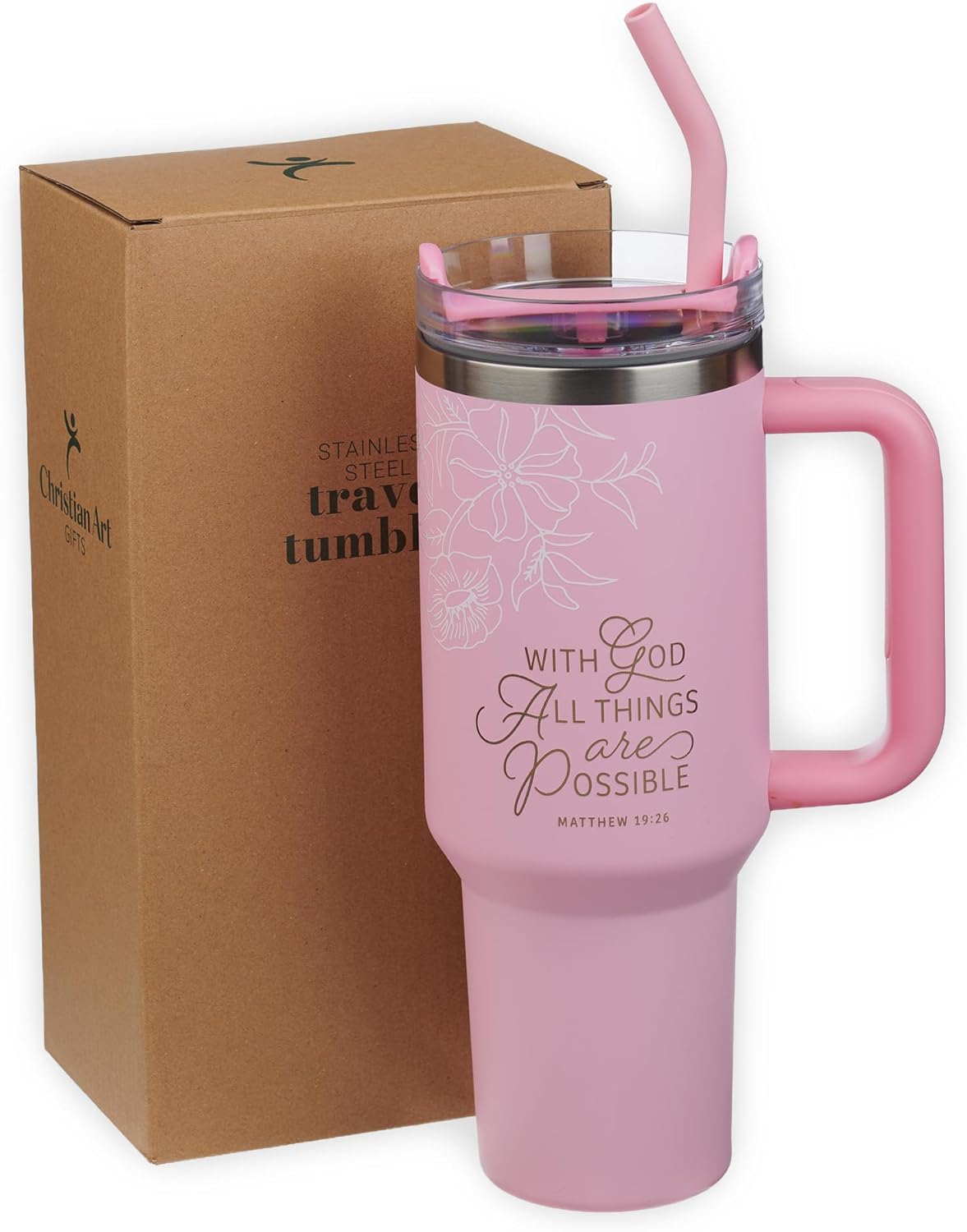 Christian Art Gifts Large Stainless Steel Insulated Travel Mug Tumbler for Women: All Things are Possible Inspirational Scripture, Sturdy Handle, Reusable Straw, Flip Lid, Pink & White Floral, 18 oz.