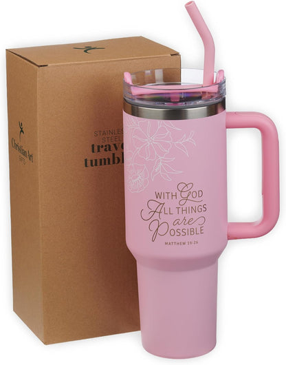 Christian Art Gifts Large Stainless Steel Insulated Travel Mug Tumbler for Women: All Things are Possible Inspirational Scripture, Sturdy Handle, Reusable Straw, Flip Lid, Pink & White Floral, 18 oz.