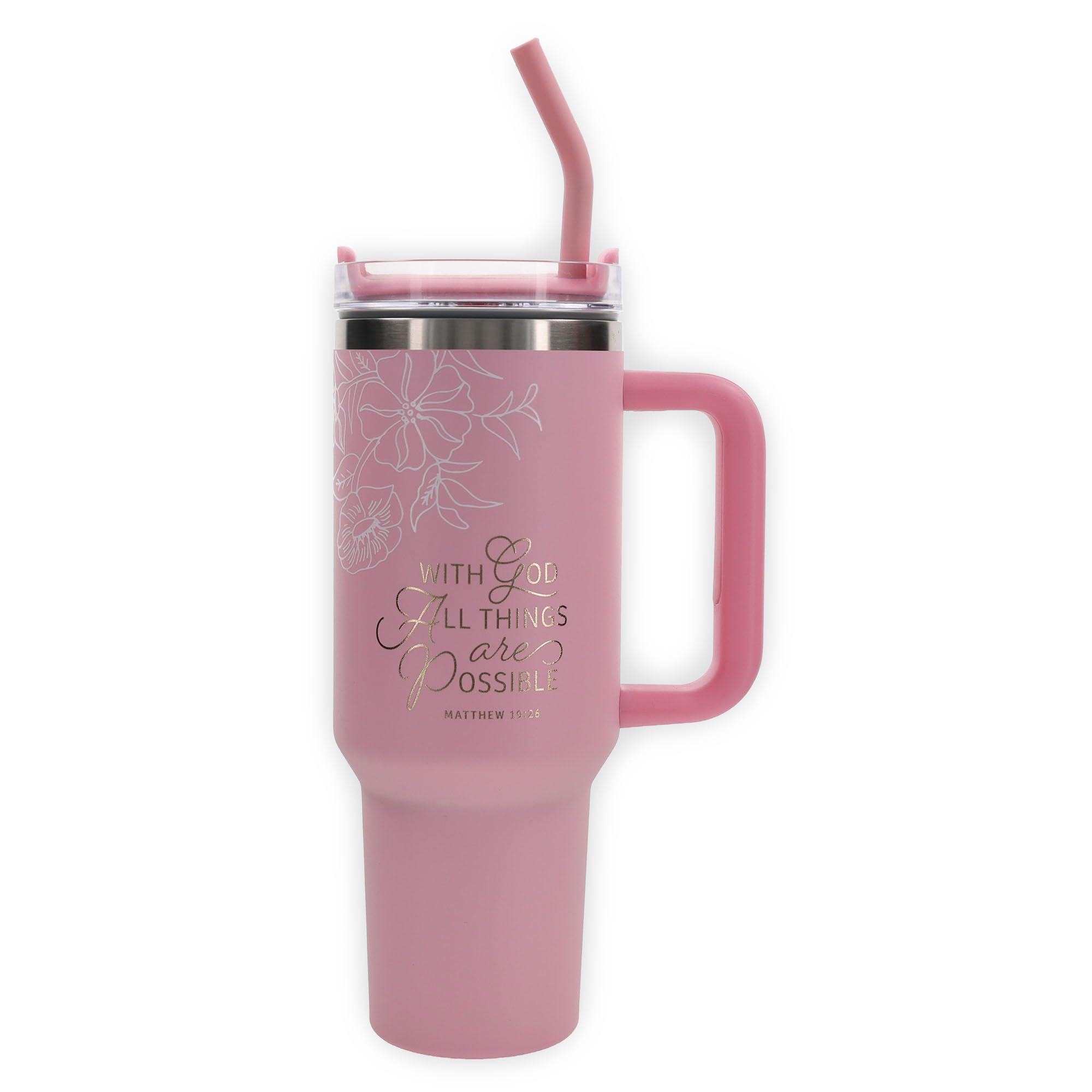 Christian Art Gifts Large Stainless Steel Insulated Travel Mug Tumbler for Women: All Things are Possible Inspirational Scripture, Sturdy Handle, Reusable Straw, Flip Lid, Pink & White Floral, 18 oz.