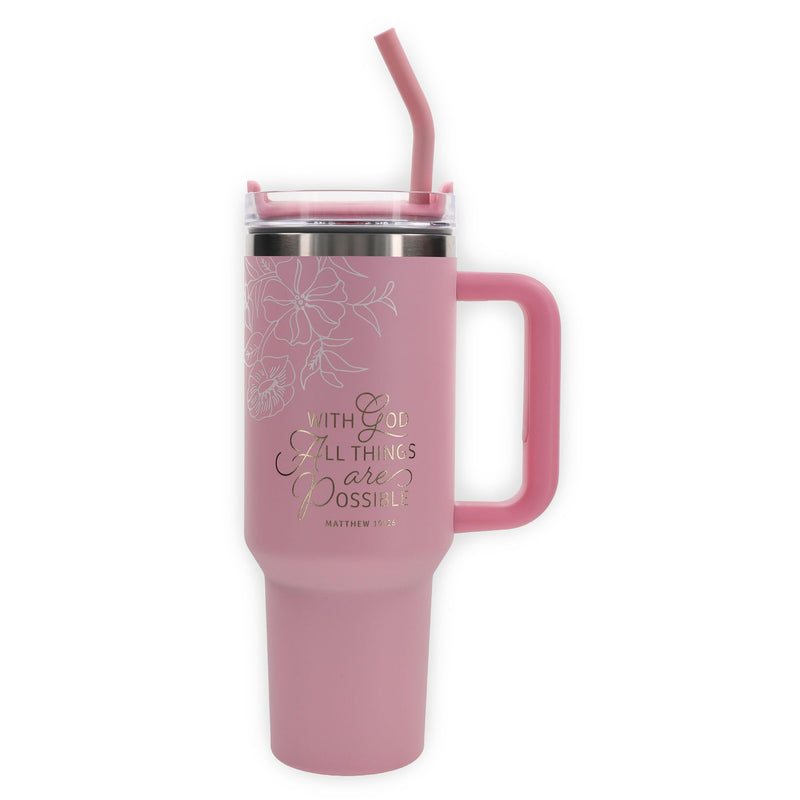 Christian Art Gifts Large Stainless Steel Insulated Travel Mug Tumbler for Women: All Things are Possible Inspirational Scripture, Sturdy Handle, Reusable Straw, Flip Lid, Pink & White Floral, 18 oz.