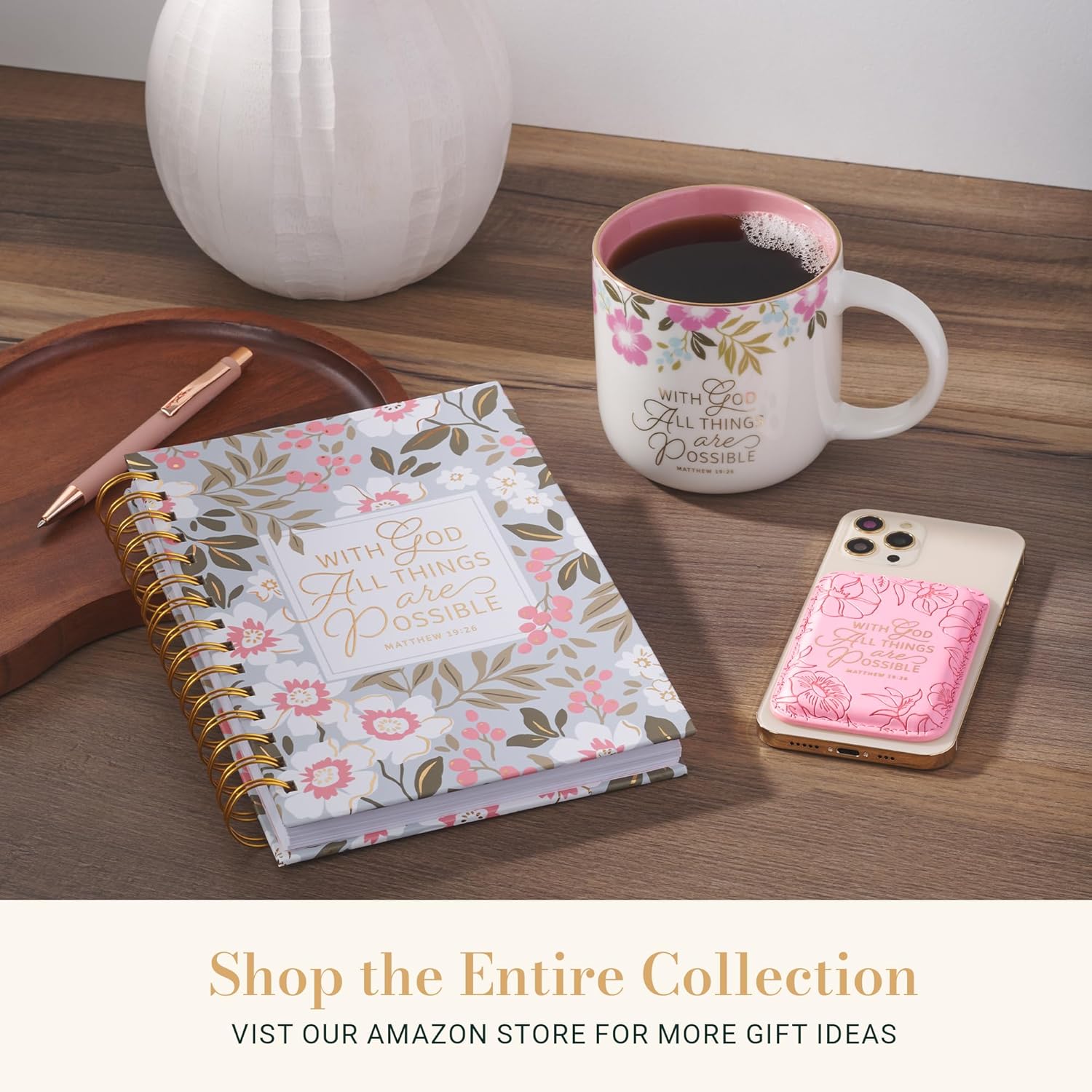 Christian Art Gifts Large Stainless Steel Insulated Travel Mug Tumbler for Women: All Things are Possible Inspirational Scripture, Sturdy Handle, Reusable Straw, Flip Lid, Pink & White Floral, 18 oz.