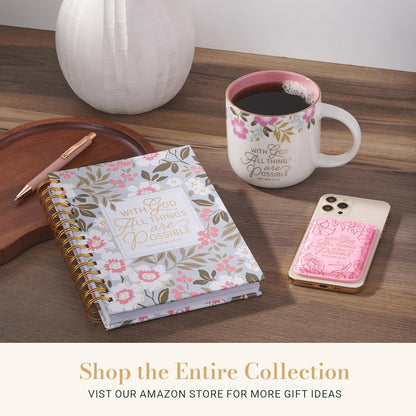 Christian Art Gifts Large Stainless Steel Insulated Travel Mug Tumbler for Women: All Things are Possible Inspirational Scripture, Sturdy Handle, Reusable Straw, Flip Lid, Pink & White Floral, 18 oz.
