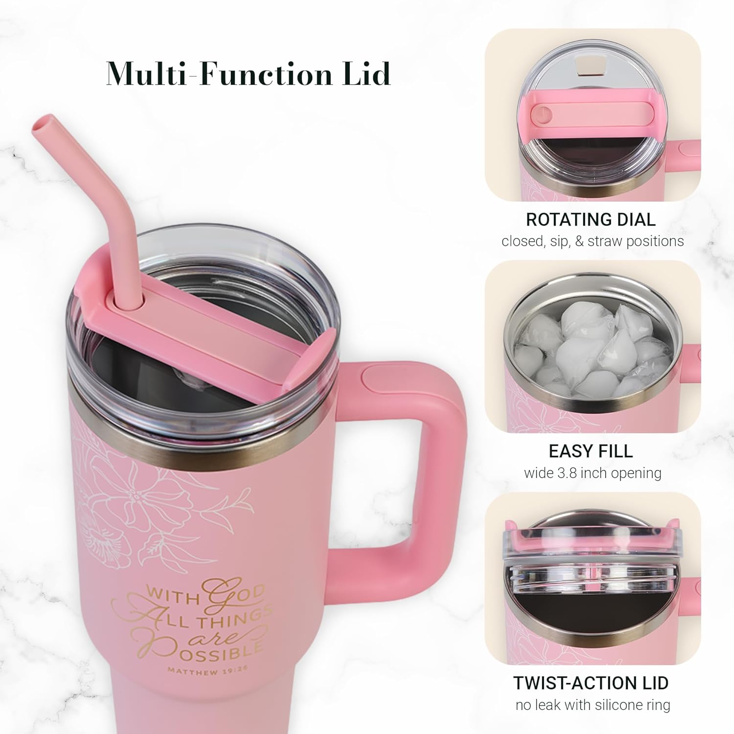 Christian Art Gifts Large Stainless Steel Insulated Travel Mug Tumbler for Women: All Things are Possible Inspirational Scripture, Sturdy Handle, Reusable Straw, Flip Lid, Pink & White Floral, 18 oz.