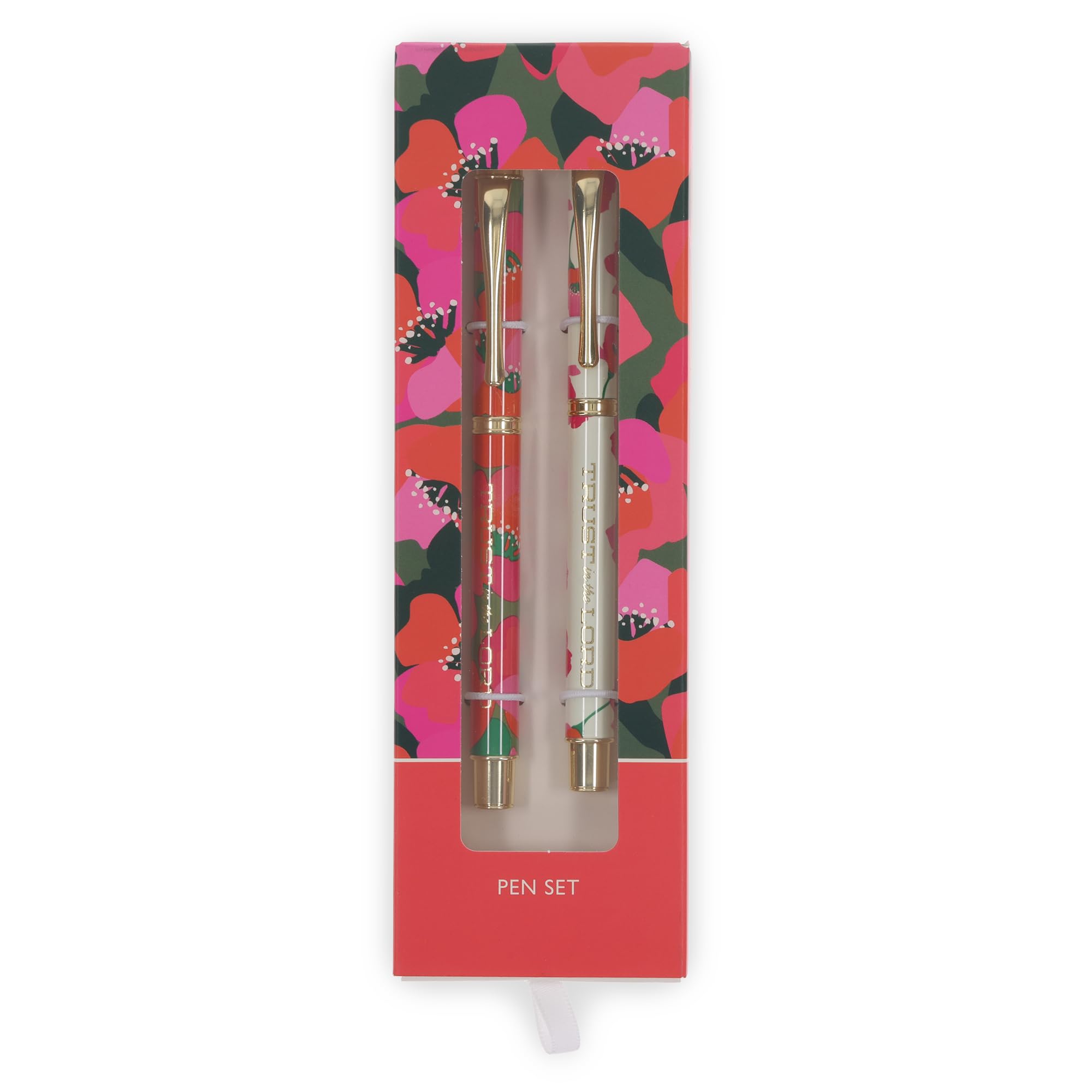 Christian Art Gifts Premium Inspirational Medium Ballpoint Pen Set for Women: Trust in the Lord Encouraging Bible Verse, Retractable, Black Ink, Pocket Clip, Red & White Floral with Gold, 2 Pack