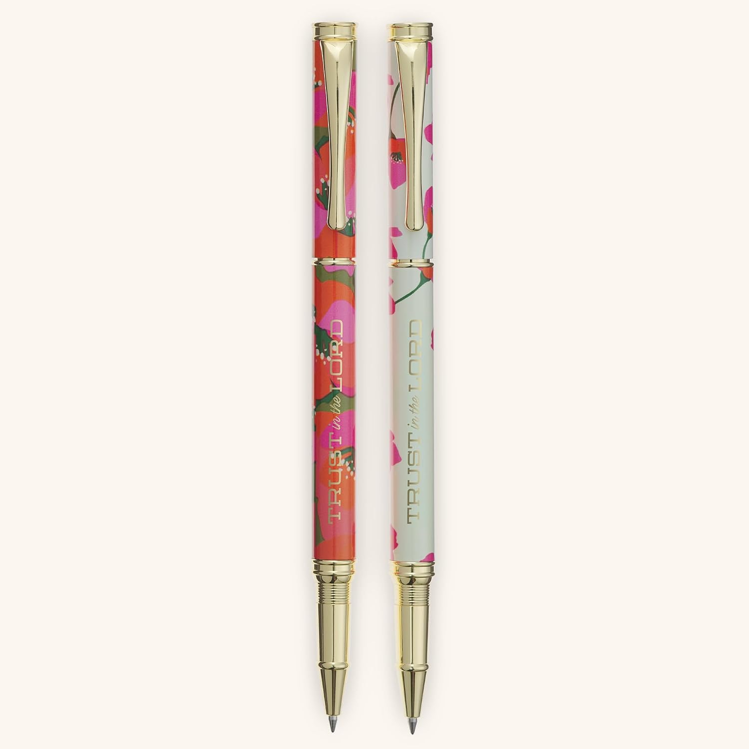 Christian Art Gifts Premium Inspirational Medium Ballpoint Pen Set for Women: Trust in the Lord Encouraging Bible Verse, Retractable, Black Ink, Pocket Clip, Red & White Floral with Gold, 2 Pack