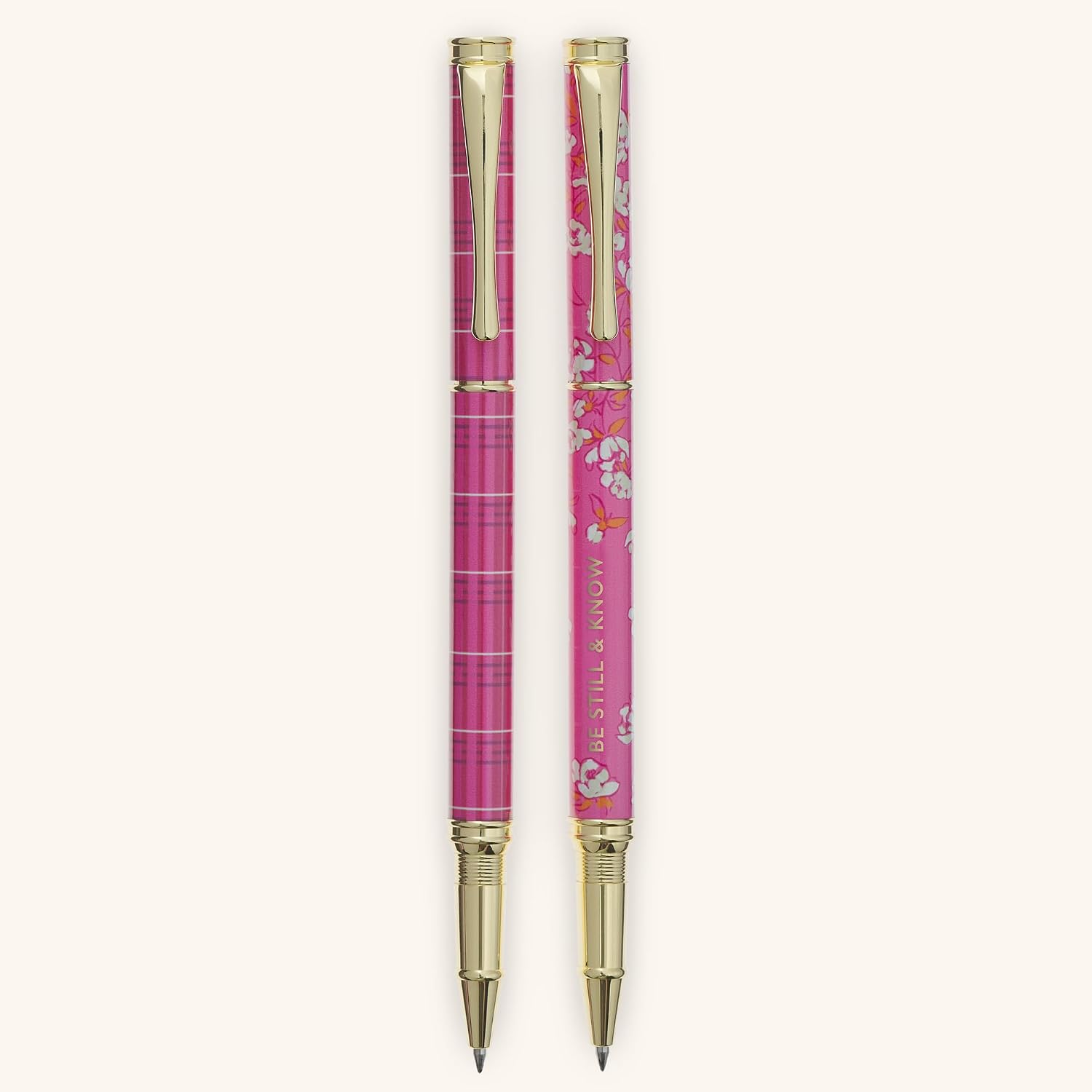 Christian Art Gifts Premium Inspirational Medium Ballpoint Pen Set for Women: Be Still Encouraging Bible Verse, Retractable, Black Ink, Pocket Clip, Pink & White Floral with Gold, 2 Pack
